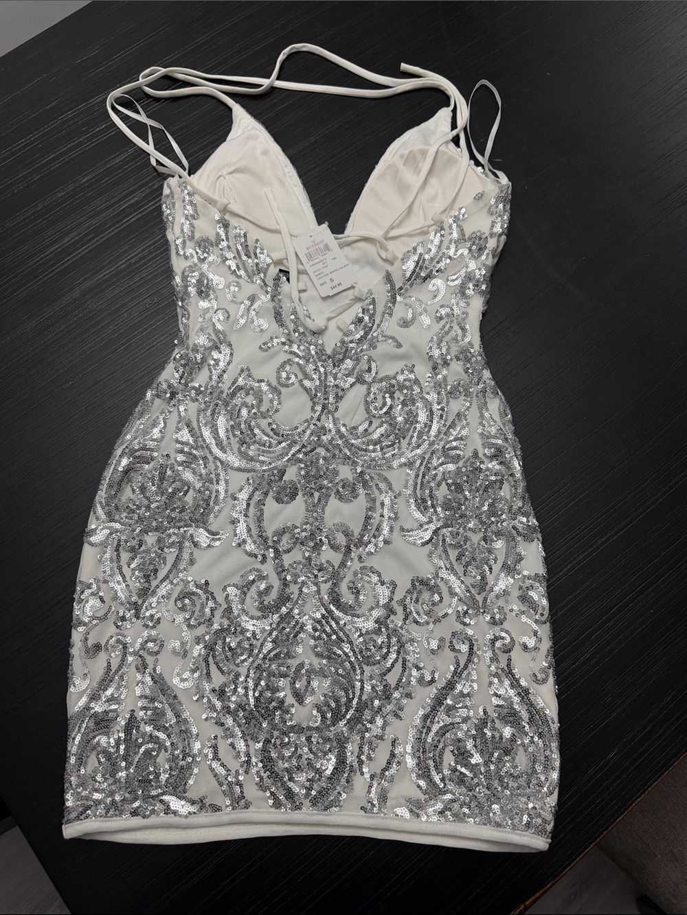 Embellished Silver Sequin Mini Dress with V-Neck - Picture 2 of 3